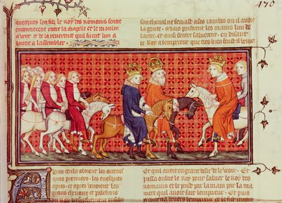 Encontro entre Carlos V (1338-80) da França e o imperador do Sacro Império Romano Carlos IV (1316-78) Acompanhado pelo rei dos romanos, de Grandes Chroniques de France de French School
