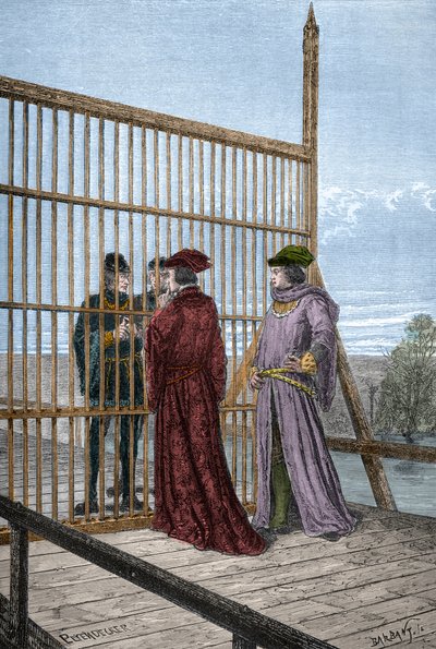 Encontro do Rei Eduardo IV e Luís XI de França em Pecquigny - Treat de Picquigny (departamento do Somme) a 29 de Agosto de 1475 entre Luís XI e Eduardo IV termina a Guerra dos Cem Anos - gravura em "L