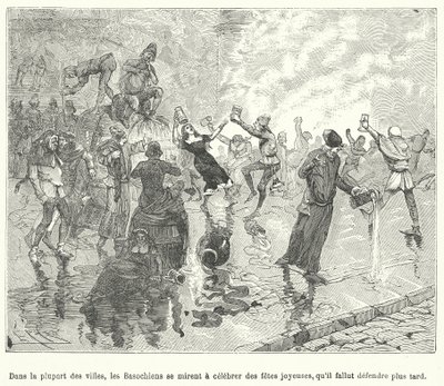 Membros do Basaoche, uma guilda de escrivães da lei, celebrando uma festa nas ruas de uma cidade francesa medieval (gravura) de French School