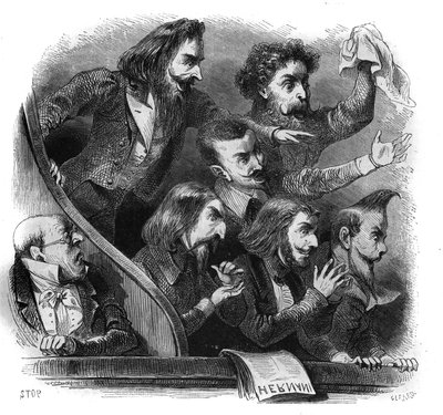Membros do movimento literário romântico presentes na primeira representação da obra de Victor Hugo "Hernani" (1802-1885) na Comedie Francaise em Paris, 25 de fevereiro de French School