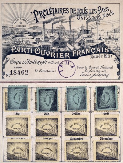 Cartão de sócio do Partido dos Trabalhadores franceses durante a liderança de Jules Guesde (1845-1922) 1901 de French School