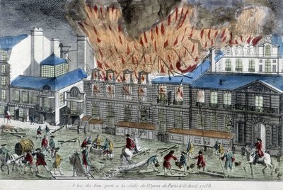 Homens a tentar apagar o fogo da ópera de Paris em 1763. de French School