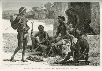 Homens, mulheres e utensílios (região de Bihe, Ruanda). Gravura de D. Maillart, para ilustrar a história Como atravessei a África, do Oceano Atlântico ao Oceano Índico, do Major Serpa Pinto, em 1877-1878, publicada no Tour du monde, sob a direção de Ed de French School