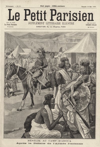 Menelik II, Imperador da Etiópia, no campo de Adwa após a derrota do exército italiano, Primeira Guerra Ítalo-Etiópia de French School