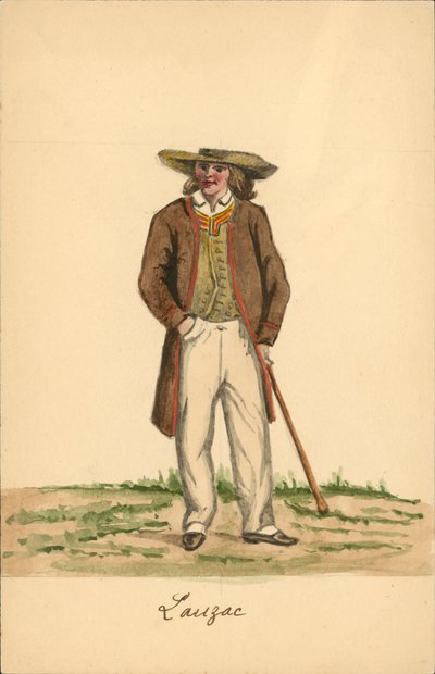 Fato de homem de Lauzach, Morbihan (litografia a cores) de French School