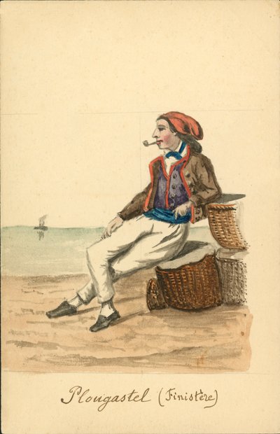 Fato de homem de Plougastel, Finistere (litografia a cores) de French School