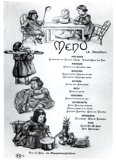 Menu criado por Auguste Escoffier (1846-1935) para crianças e bebês, c. 1900 de French School