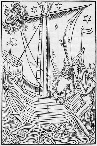 Navio mercante da Idade Média, no meio dos perigos do mar. Gravura em "La Marine et les colonies: comércio". de French School