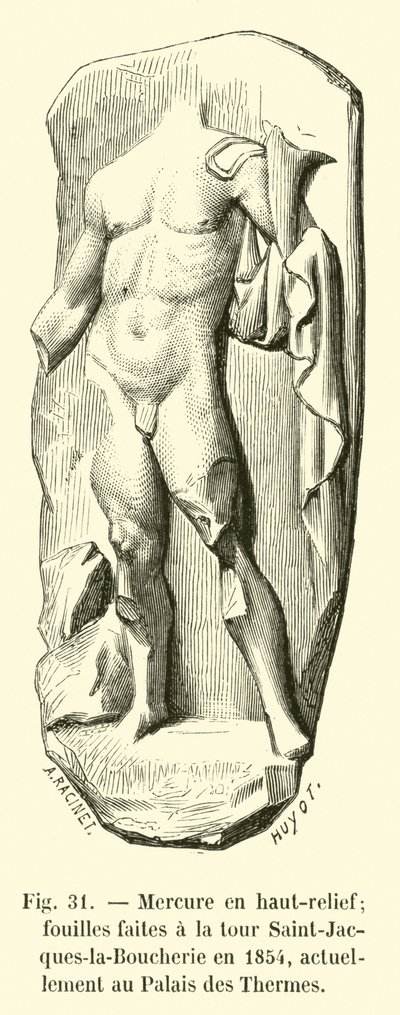 Mercúrio em alto relevo; escavações feitas na torre de Saint-Jacques-la-Boucherie em 1854, atualmente no Palais des Thermes de French School
