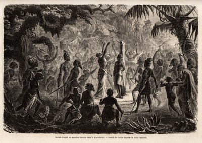 Meriah Pujah ou sacrifício humano, Khondistan (Índias Inglesas). Desenho de Fuchs, para ilustrar o estudo do Major John Campbell sobre os sacrifícios humanos nas Índias Inglesas de French School