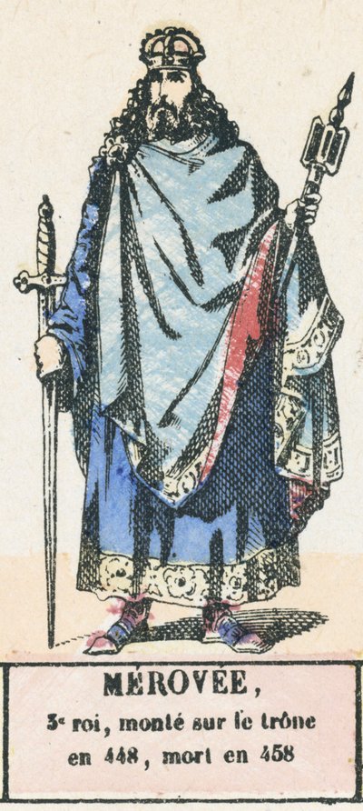 Merovee, 3º rei, ascendeu ao trono em 448, morreu em 458 (gravura colorida) de French School