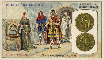 Merovingian gold triens, 486 (chromolitho) de French School