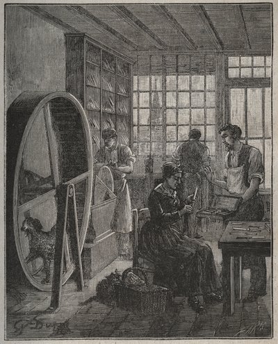 Metier e artesão: uma cutelaria na província no século XIX. Gravura de 1885 em "Les arts et metiers illustres" de Adolphe BITARD. de French School