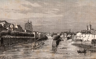 Metz - vista do porto Saint-Georges - Moselle - gravura em "La France illustree: geographie, histoire, administration statistique" de V.A. Malt-Brown. 1884 de French School