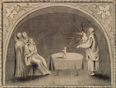 Michel de Nostradame (1503-66) e Catarina de Médicis (1519-1589) 1559 (caneta e tinta e papel lavado) de French School