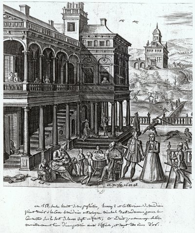 Michel de Nostradame (1503-66), sendo consultado sobre o destino dos sete filhos de Catarina de Médicis (1519-1589) e Henri II (1519-59) 1548 de French School