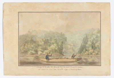 Micmacks em sua canoa de casca de bétula; Estreito de Canso entre a Nova Escócia, na ilha de Cape Breton de French School