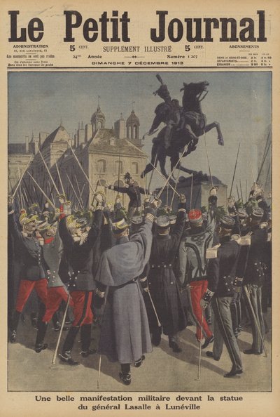 Manifestação militar diante da estátua do General Lasalle em Luneville, França (cor litho) de French School