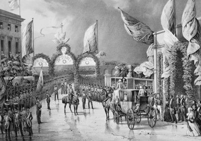 Honras militares ao Rei a Gosport - Louis Philippe 1º (1773-1850), Rei dos franceses, Príncipe Alberto (1819-1861) e Vitória (1819-1901), Rainha de Inglaterra na Estação de Gosport durante a viagem oficial de Louis-Philippe à Grã-Bretanha (1844) - Louis-Ph de French School