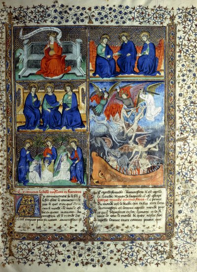 Miniatura que representa o Reino dos Céus antes da criação: Sapientia, a Trindade e a Expulsão de Lúcifer do Céu, c.1410 de French School