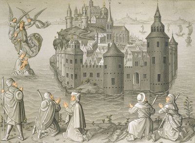 Milagre da Virgem Maria salvando peregrinos no Mont Saint-Michel de French School