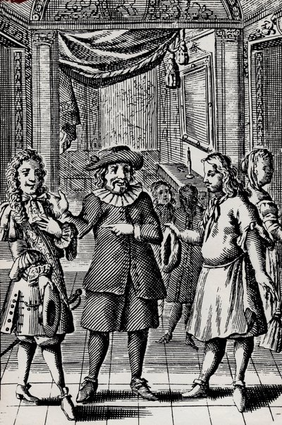 Miser, gravura da obra de Moliere, pseudônimo de Jean-Baptiste Poquelin (1622-1673) - Cena de la peça de Moliere L