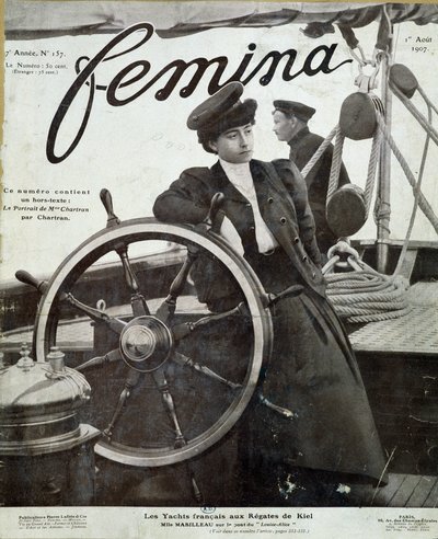 Miss Mabilleau na ponte do iate "Louise-Alice" na regata de Kiel - na "Femina" de 01/08/1907 de French School