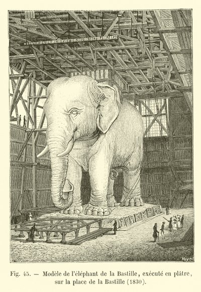Modelo do elefante da Bastilha, executado em gesso, na Place de la Bastille, 1830 de French School
