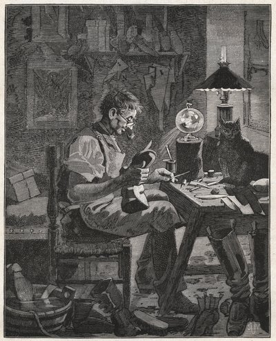 Aplicativo moderno por um sapateiro da Pila Vitrea. Globo de vidro cheio de água para ser colocado entre uma pessoa e o objeto que ela contempla, a fim de ampliá-lo e torná-lo mais visível. Gravura de 1885 em "Les arts et metiers illustres" de A de French School
