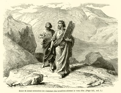 Moisés e Josué ouvem o clamor dos israelitas que adoram o bezerro de ouro (gravura) de French School
