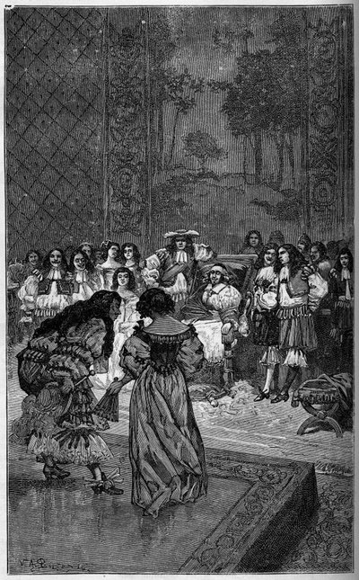 Moliere e sua trupe tocando perante o Rei Luís XIV e o Cardeal Jules Mazarin (Giulio Raimondo Mazzarino ou Mazarino) (1602-1661). Gravura em "The Illustrous World" 1886. de French School