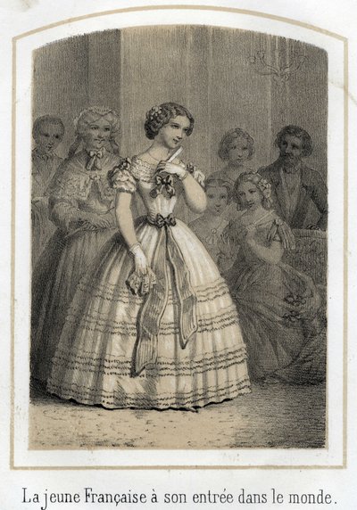 Mondanite: a jovem francesa faz a sua entrada no mundo. Ela é admirada por todos. Gravura anónima do século XIX. de French School