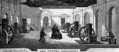 Ganhar dinheiro: comprar prensas de dinheiro. Gravura em "Le Monde Illustré" n°145 de 21 de Janeiro de 1860. de French School