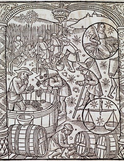 Mês de colheita, com signos de Virgem e Libra zodiac, Gravura de Le grand calendrier des bergers, França de French School
