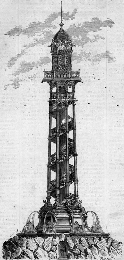 Coluna monumental do poço artesiano de Passy pelo engenheiro alemão Charles Gosshelf Kind. Gravura em "Le Monde Illustré" n°25 de 3 de outubro de French School