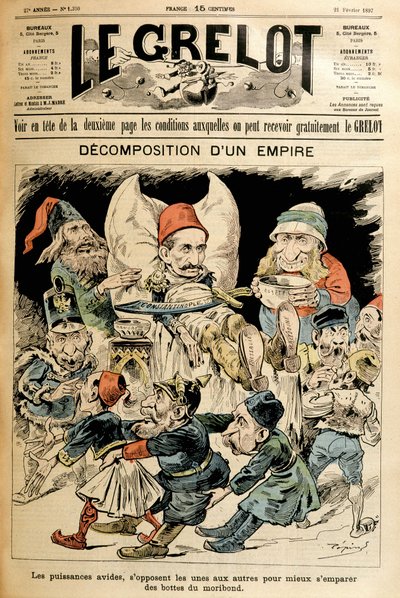 Moribund Turquia e potências estrangeiras lutando por suas botas, capa "Le Grelot" 21/2/1897. de French School