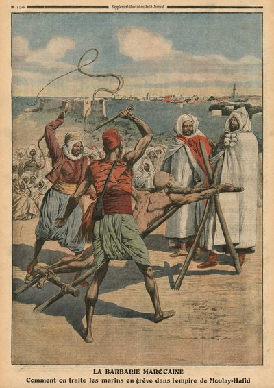 Barbaridade marroquina, como os marinheiros em greve são tratados, ilustração de &39;Le Petit Journal&39;, suplemento ilustre, 24 de abril de 1910 de French School