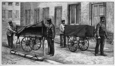 Depósitos mortuários em Paris: carros de braços usados para transportar carrocerias para o depósito. Gravação em "La Nature". Revue des sciences et de ses applications aux arts et a l