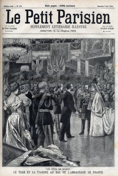 Celebrações em Moscovo: O Czar Nicolau II da Rússia (1868-1918) e a Czarina Alexandra Fiodorovna Romanova (1872-1918) no Baile da Embaixada da França, em "Le petit Parisien". de French School