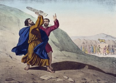 Moisés quebrando as tábuas da lei e a adoração do bezerro de ouro, ilustração de um catecismo LHistoire Sainte, publicado por Charles Delagrave, Paris, final do século XIX de French School