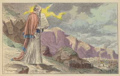 Moisés regressa do Monte Sinai com os Dez Mandamentos (cor litho) de French School