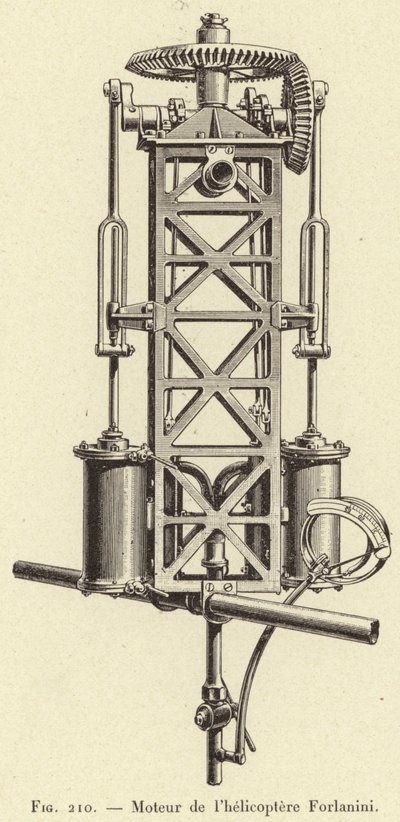 Motor de helicóptero Forlanini (gravura) de French School