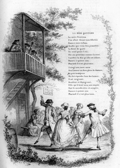 Mãe Bontems (Bontemps). Dança de jovens casais em uma vila com músicos na varanda. Gravação em "Chants et chansons populaire de la France", Tomo 2 de French School
