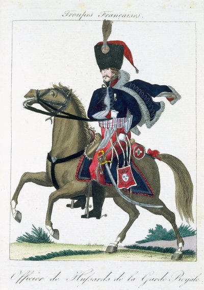 Oficial montado dos hussardos da guarda real, de Troupes Francaises, bar. Chez Basset, Paris, c.1790 de French School