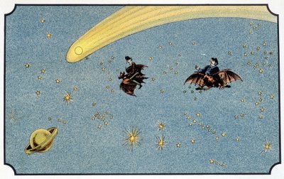 Sr. Baboulifiche e seu servo Papavoine montando um morcego no espaço - em "Voyage dans la lune" de A. de Ville-d
