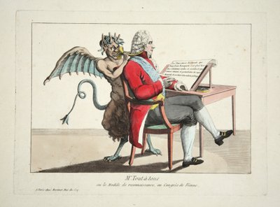 Sr. Tout-a-tous ou o Modelo de Reconhecimento, no Congresso de Viena, pub. 1815 (gravação a cores) de French School
