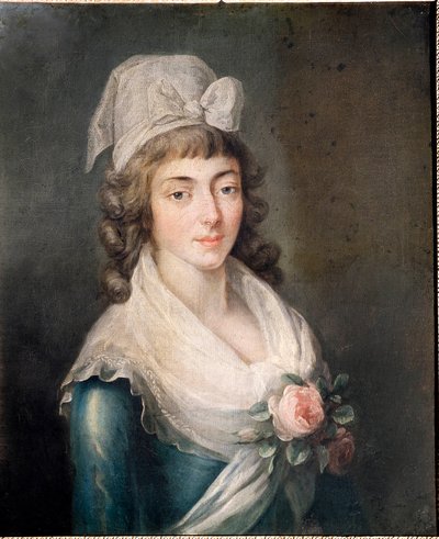 Sra. Roland: Retrato de Madame Roland (1754 - 1793), figura da Revolução Francesa, vestindo o boné Girondin da escola francesa. de French School