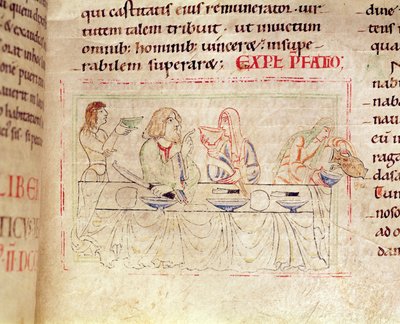 Ms.1215 t.3 fol.158v, Refeição com Judith e Holofernes, da Bíblia de Etienne Harding, 1109 de French School