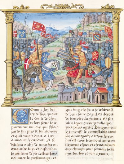 Ms.18 f.7v Batalha de Montlhery durante a Guerra da Liga do Bom Público, 14 de julho de 1465, a partir das Memórias de Philippe of Commines (1445-1509) de French School