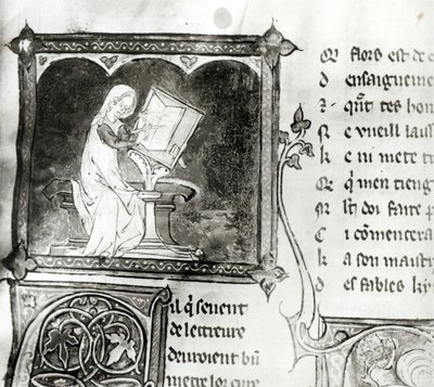 Ms.3142 fol.256 Marie de France (fl.12º século) escrevendo, de uma antologia de poemas franceses, c.1280-90 (detalhe) de French School